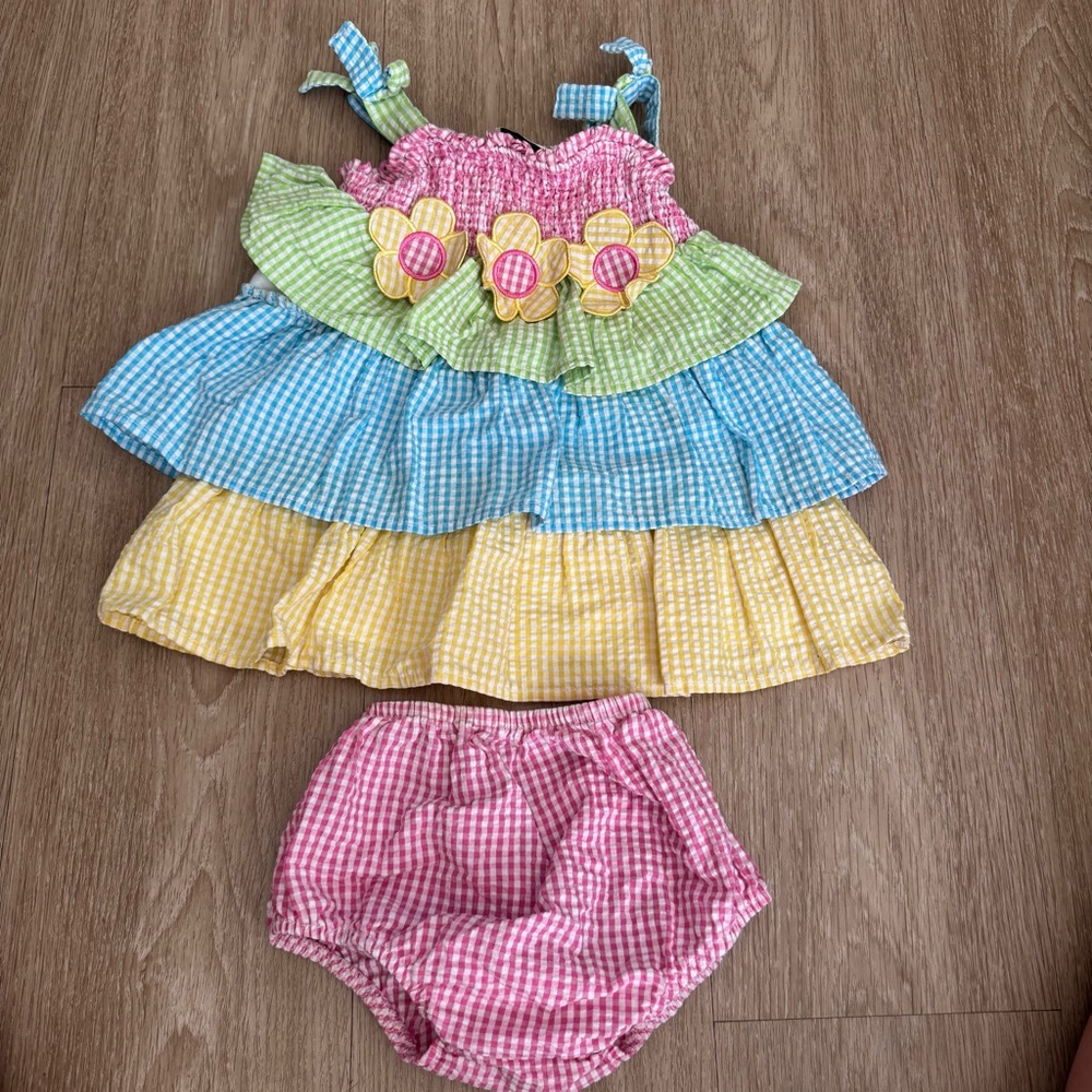 Rare Editions Pink Green Blue Yellow Gingham Ruffle Dress with Bloom Appliqués